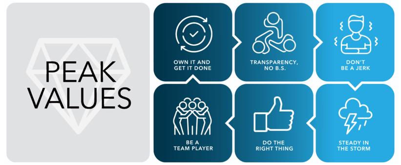 PEAK VALUES - Own it and get it done. Transparecy, no b.s. Don't be a jerk. Be a team player. Do the right thing. Steady in the storm.